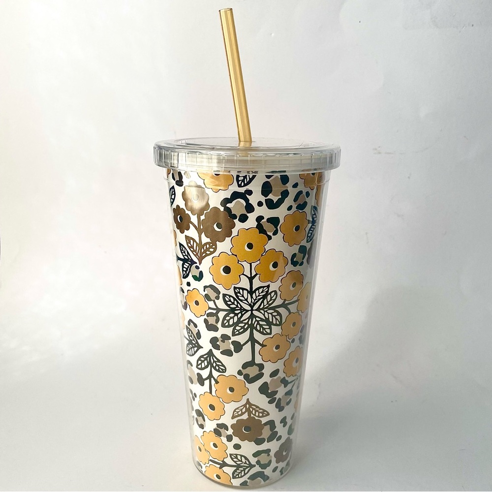 Vera Bradley Yellow and Black Floral Tumbler / Travel Cup With Straw
